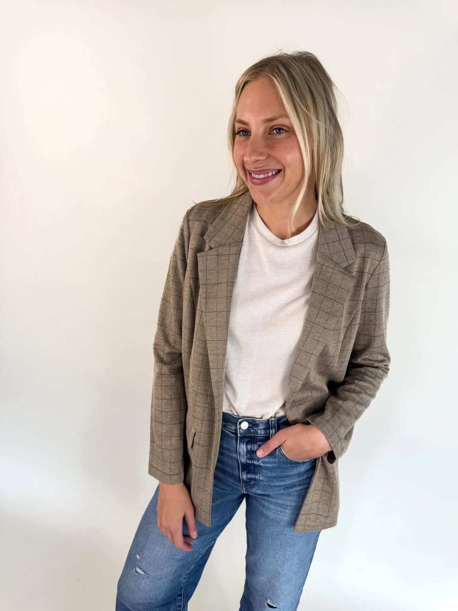 Boyfriend Khaki Grid Blazer