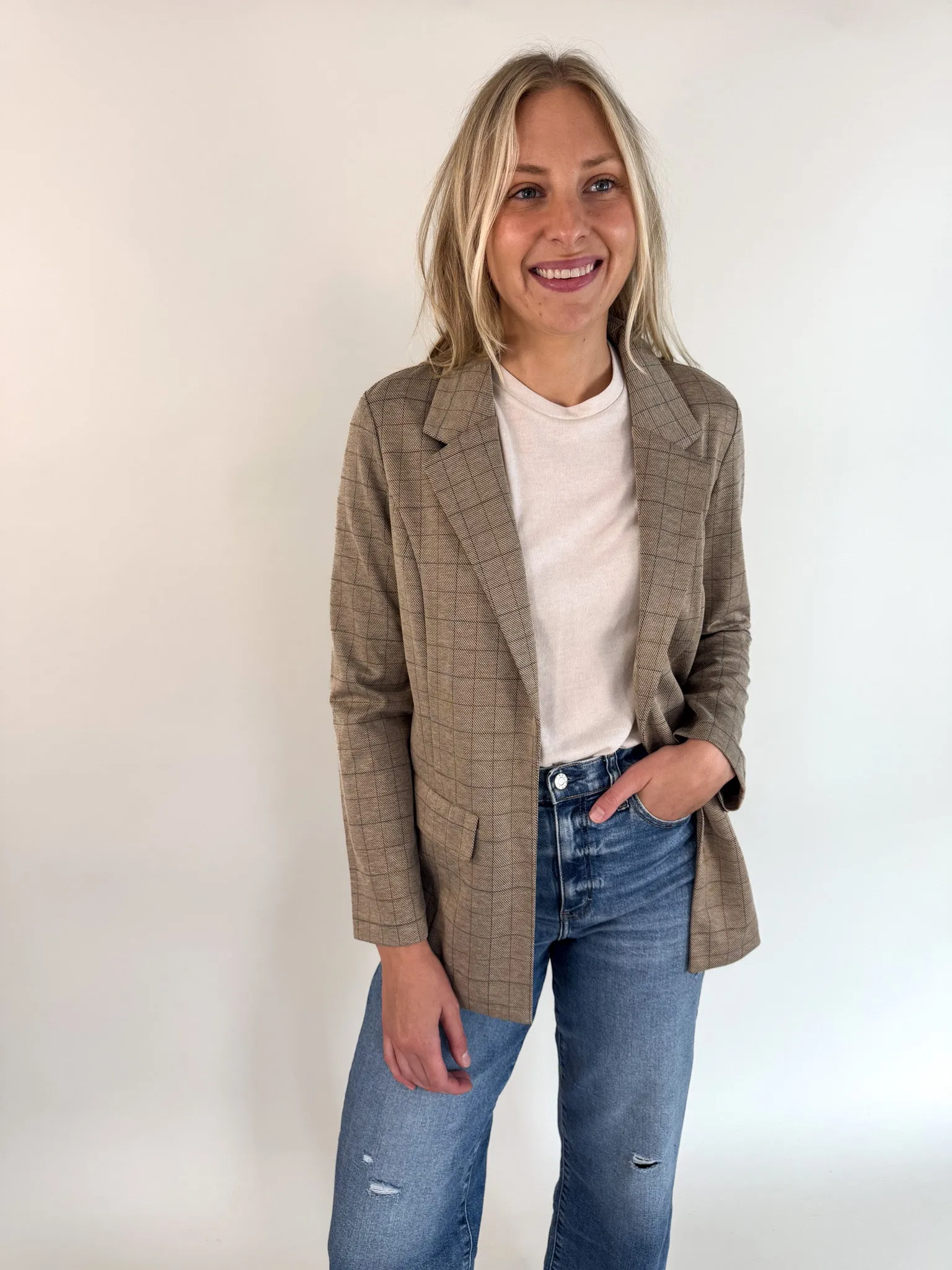 Boyfriend Khaki Grid Blazer