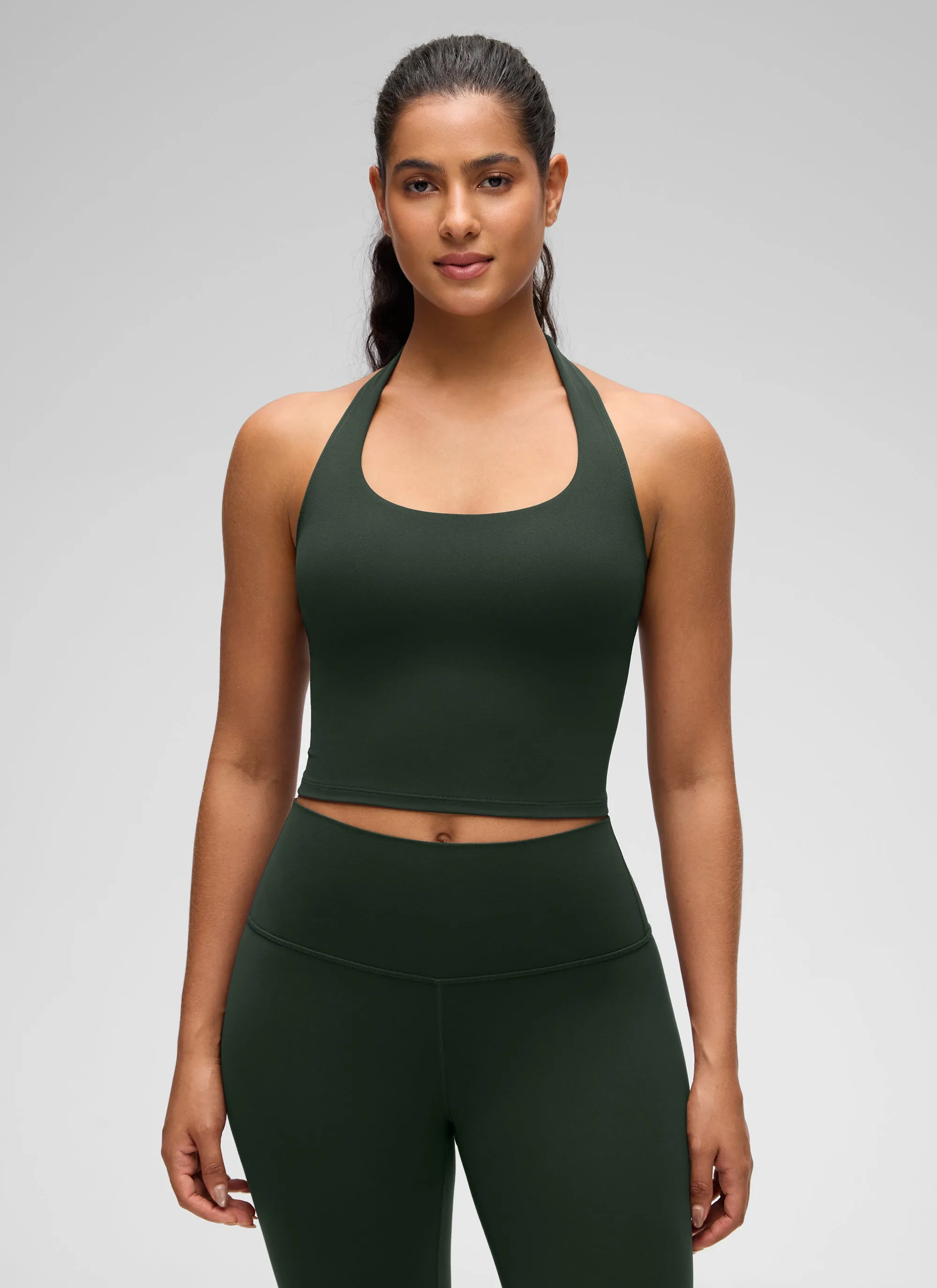 CRZ YOGA Womens Butterluxe Halter Longline Sports Bra Crop Tank Tops Legend Green