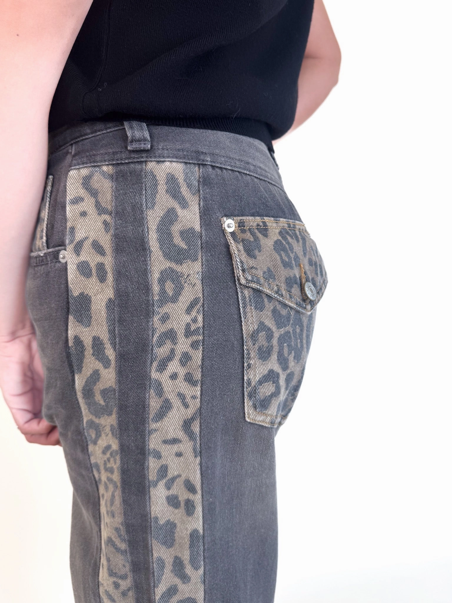 Callie Vintage Black Leopard Stripe Denim