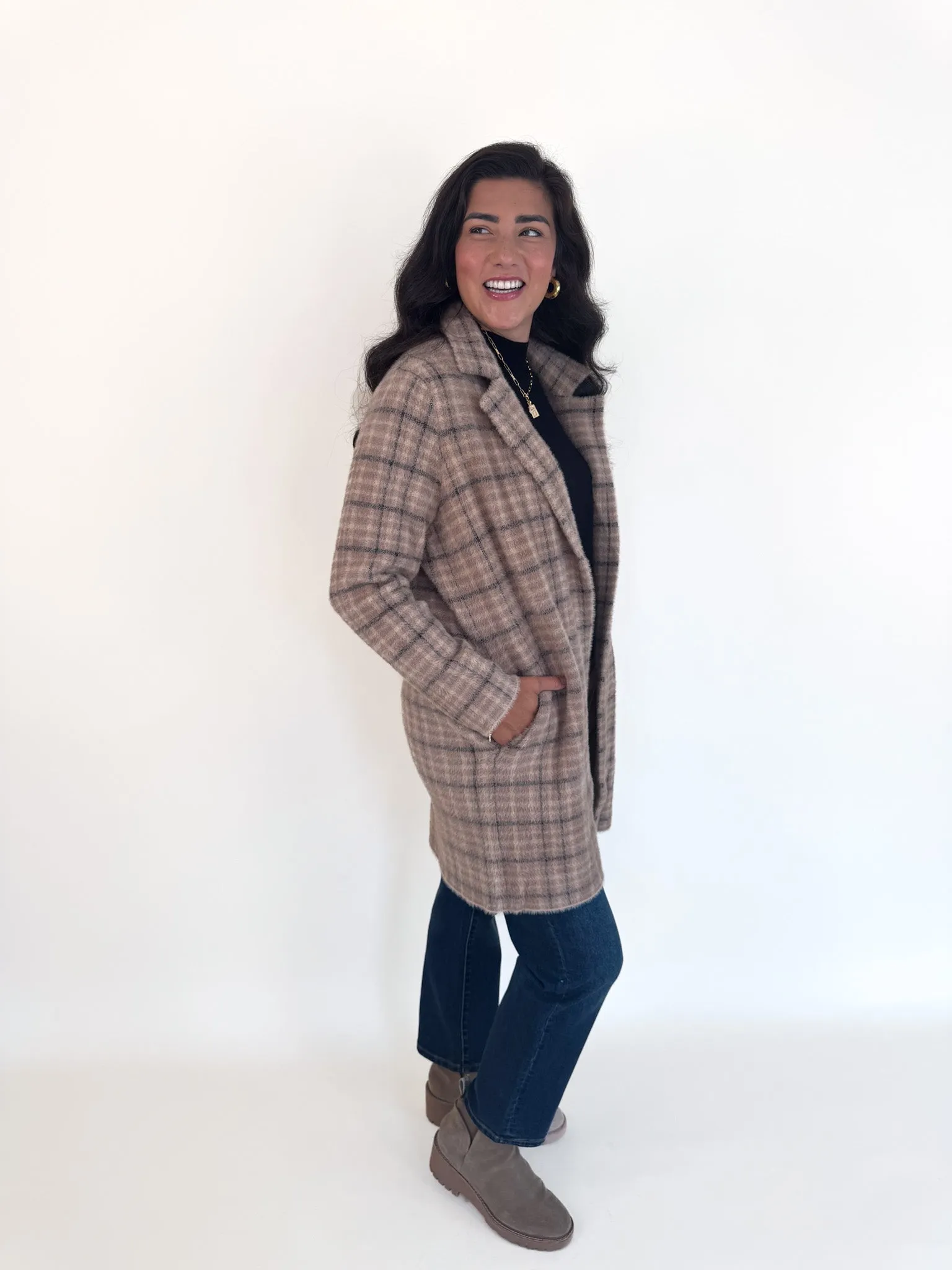 Camel Plaid Sweater Coat