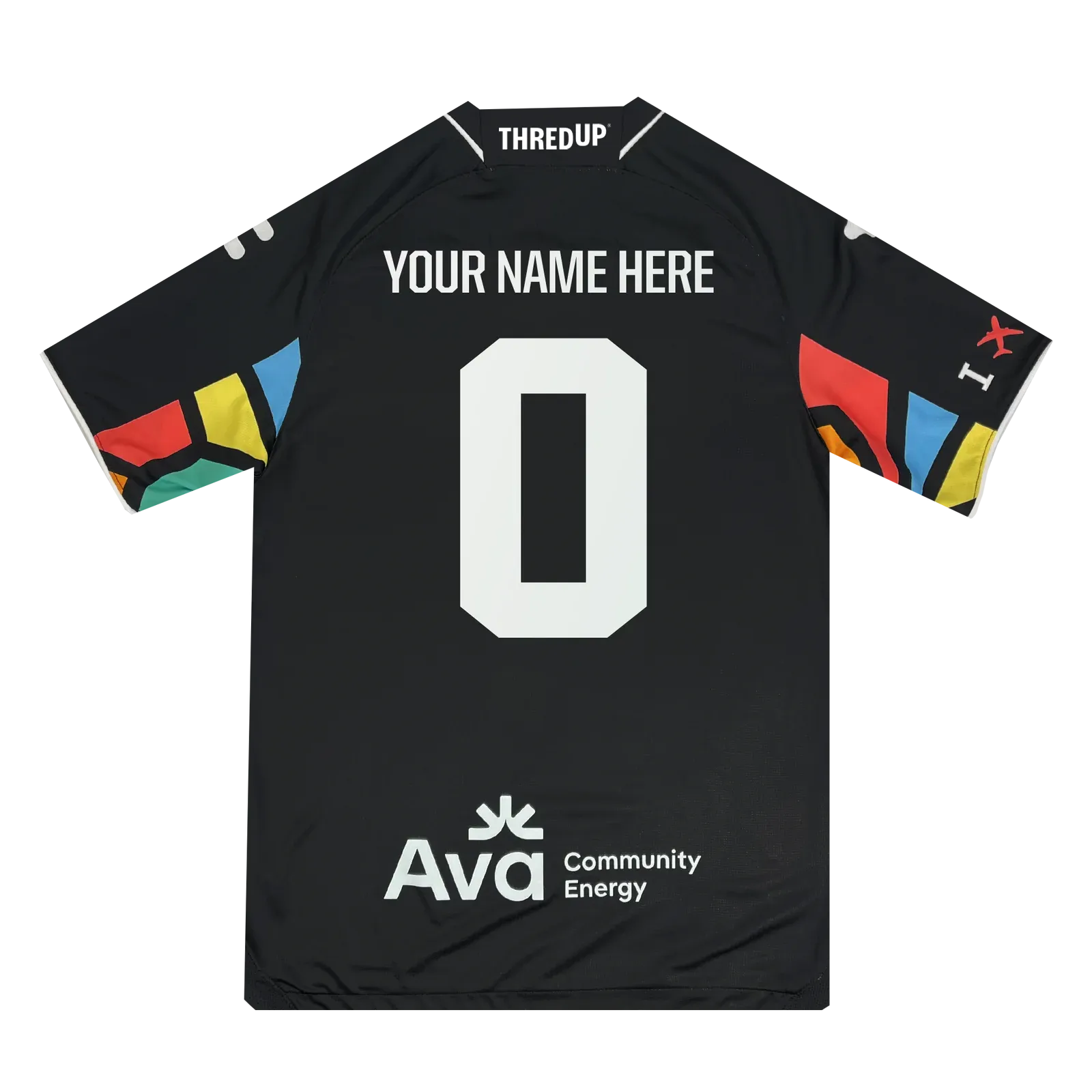 A black sports jersey with geometric sleeves features "YOUR NAME HERE" above a white "0" on the back. "Ava Community Energy" appears at the bottom, with the "THREDUP" logo on top. Ideal for fans of Oakland Roots SC'