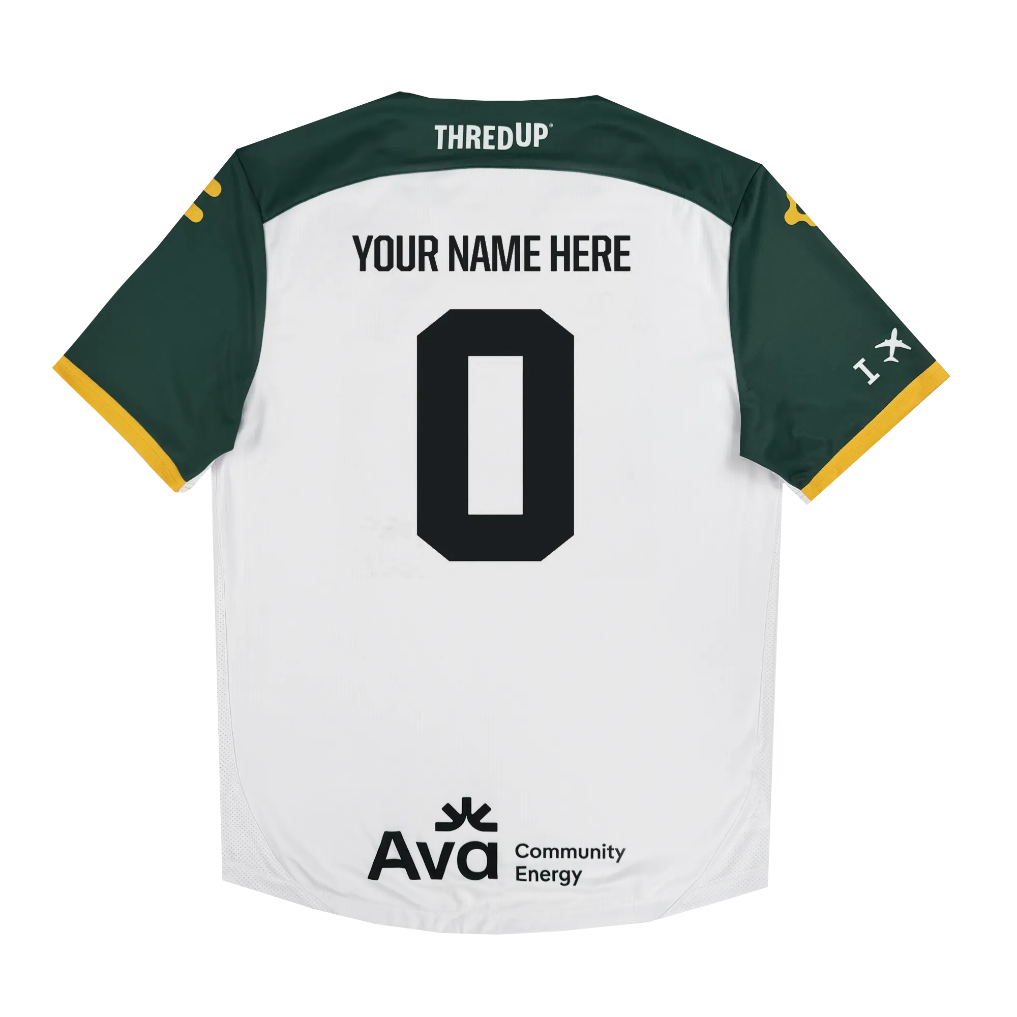 The Custom Unisex Oakland Roots SC 2025 Second Kit by Oakland Roots SC is a white sports jersey with dark green sleeves and gold accents, celebrating Oakland sports history. It has "YOUR NAME HERE" and "0" in bold black on the back, fea