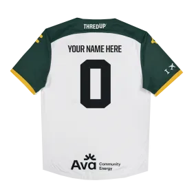 The Custom Unisex Oakland Roots SC 2025 Second Kit by Oakland Roots SC is a white sports jersey with dark green sleeves and gold accents, celebrating Oakland sports history. It has "YOUR NAME HERE" and "0" in bold black on the back, fea