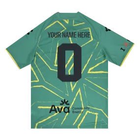 The Custom Unisex Oakland Roots SC Goalkeeper Kit by Oakland Roots SC features a green sports jersey adorned with yellow abstract lines and two black logos on the lower back. The back can be personalized with "YOUR NAME HERE" at the top and the n