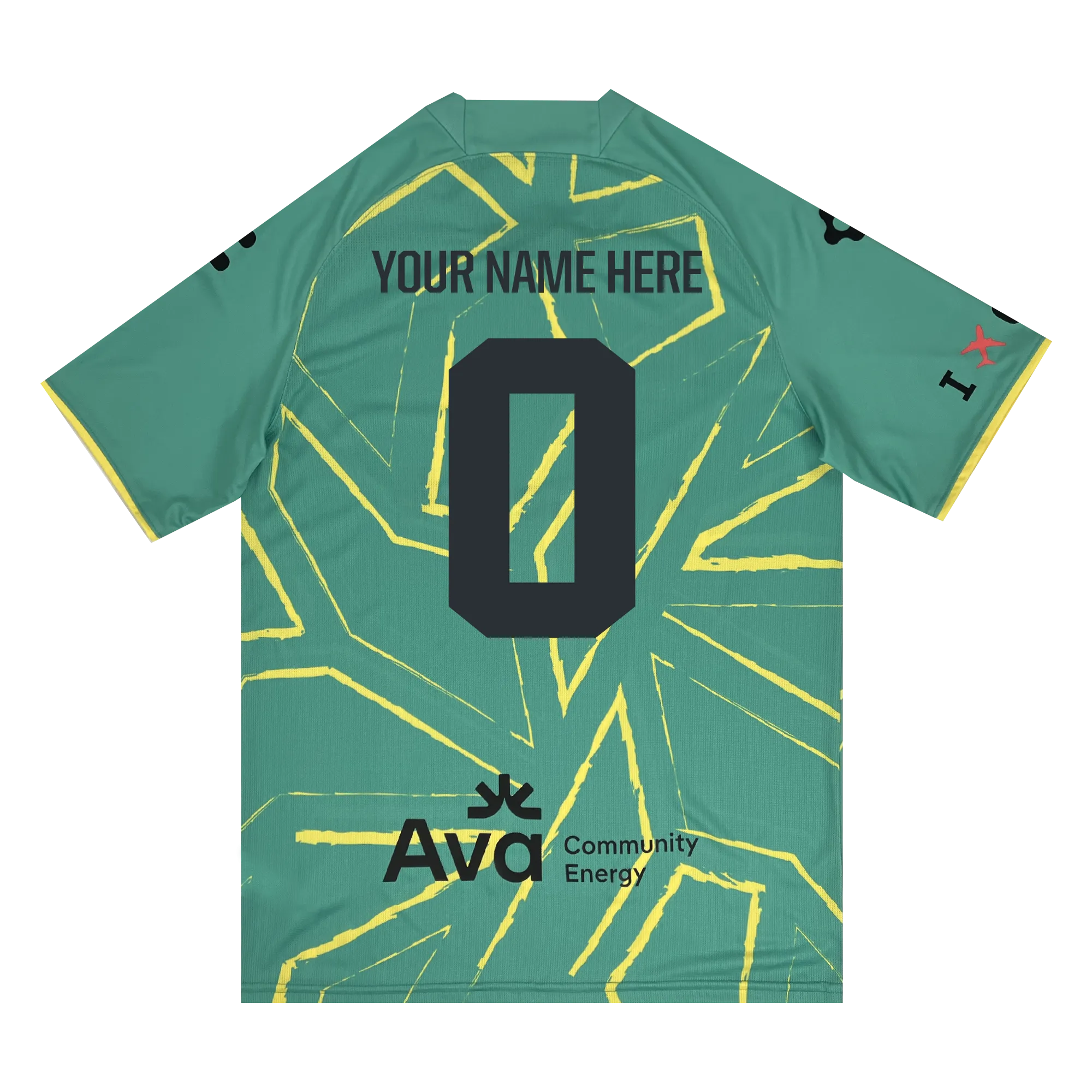 The Custom Unisex Oakland Roots SC Goalkeeper Kit by Oakland Roots SC features a green sports jersey adorned with yellow abstract lines and two black logos on the lower back. The back can be personalized with "YOUR NAME HERE" at the top and the n