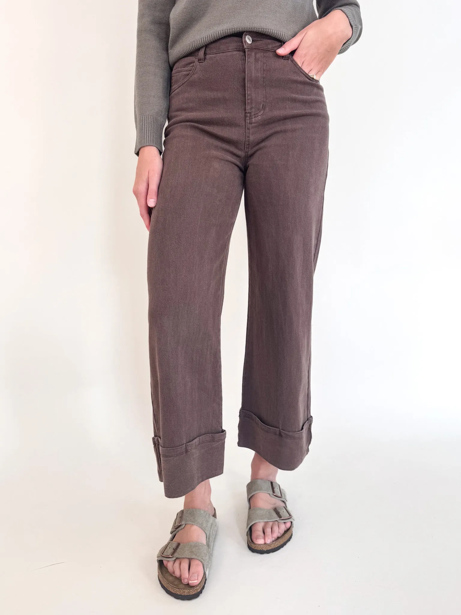 Ella Wide Leg Drop Pant- Brown