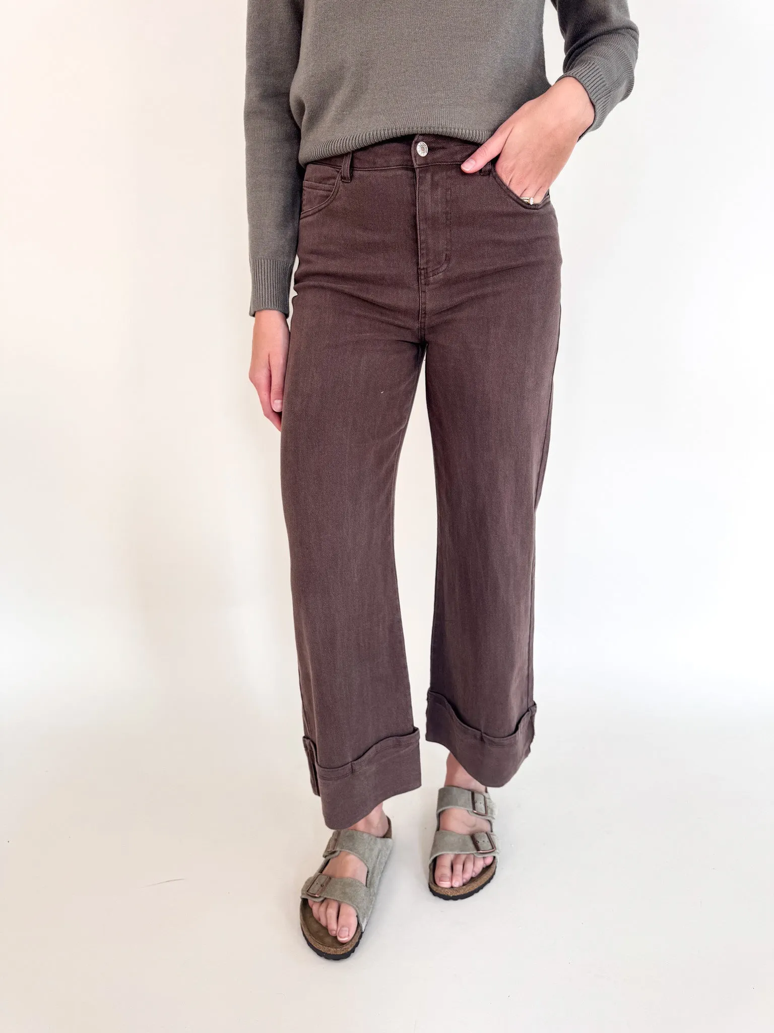 Ella Wide Leg Drop Pant- Brown
