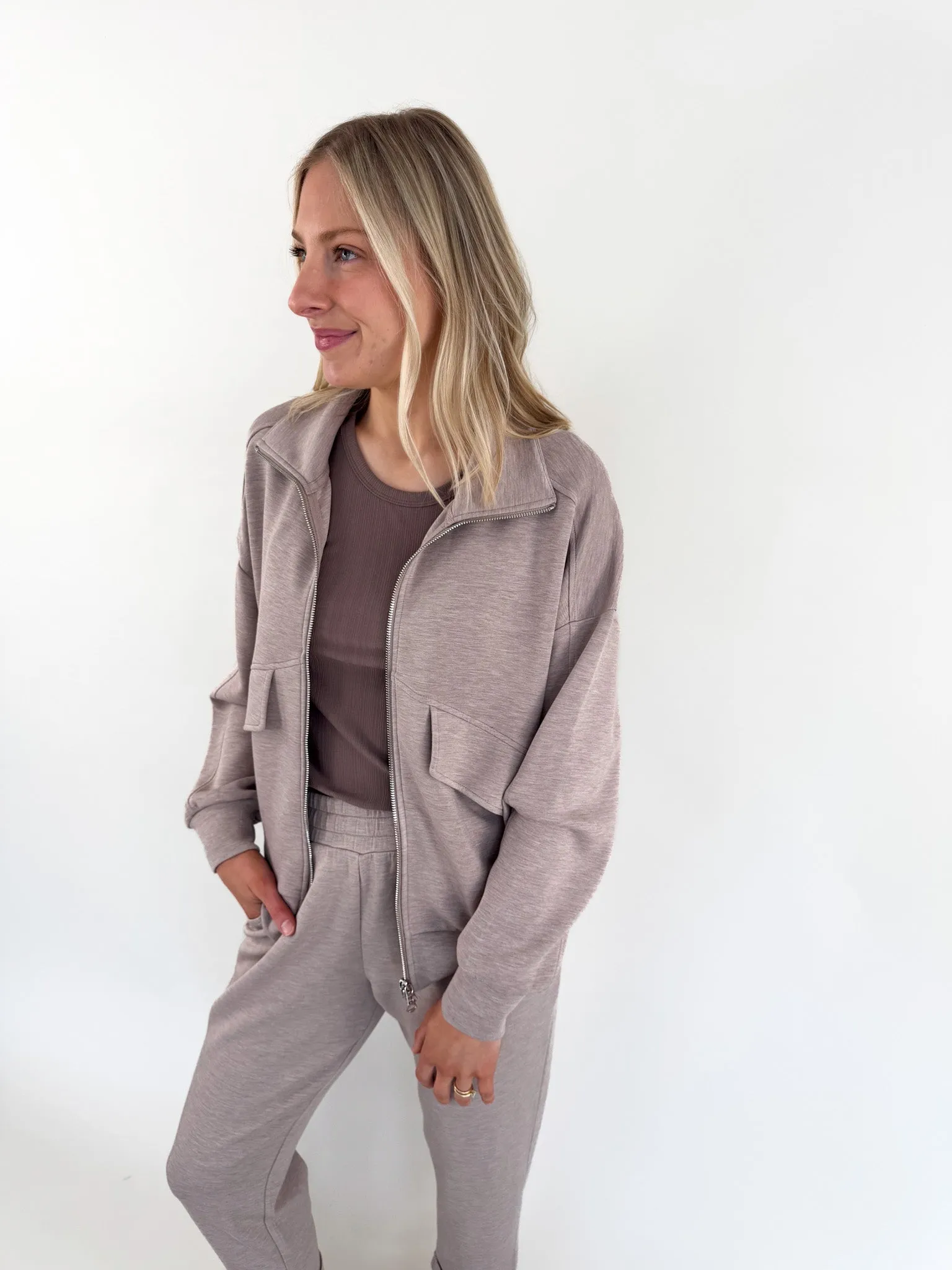 Garcia Taupe Zip Through Top