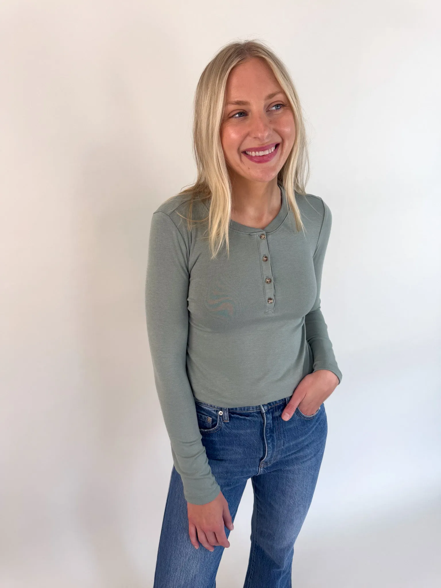 Grace Solid Henley Top- Avocado