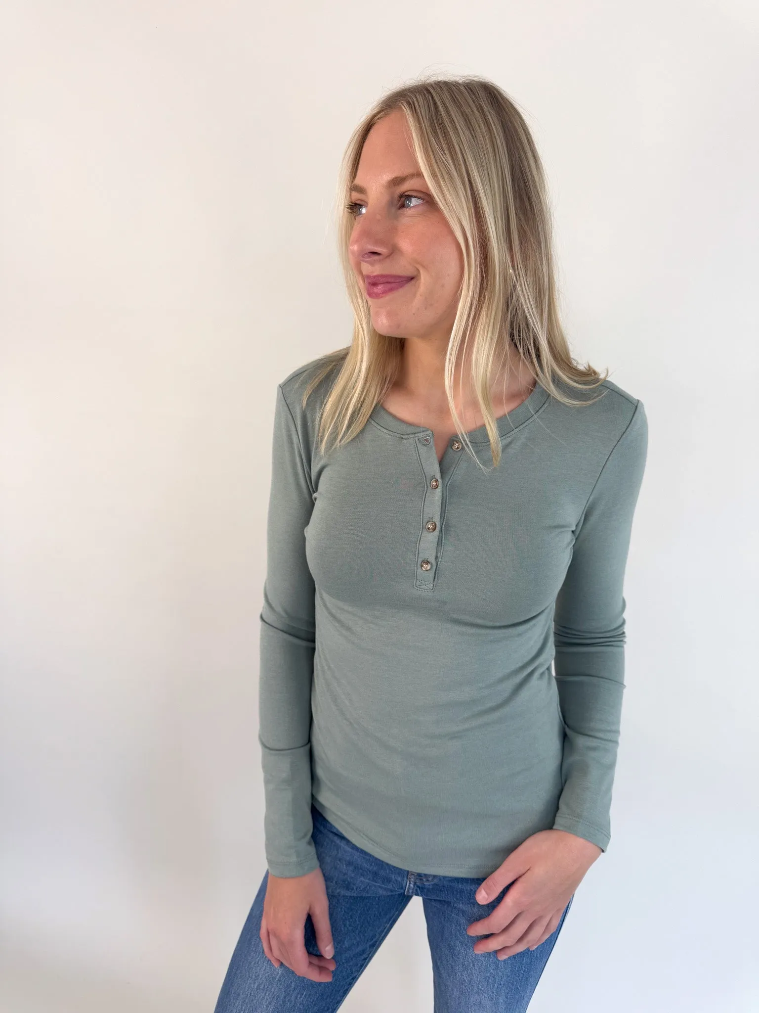 Grace Solid Henley Top- Avocado