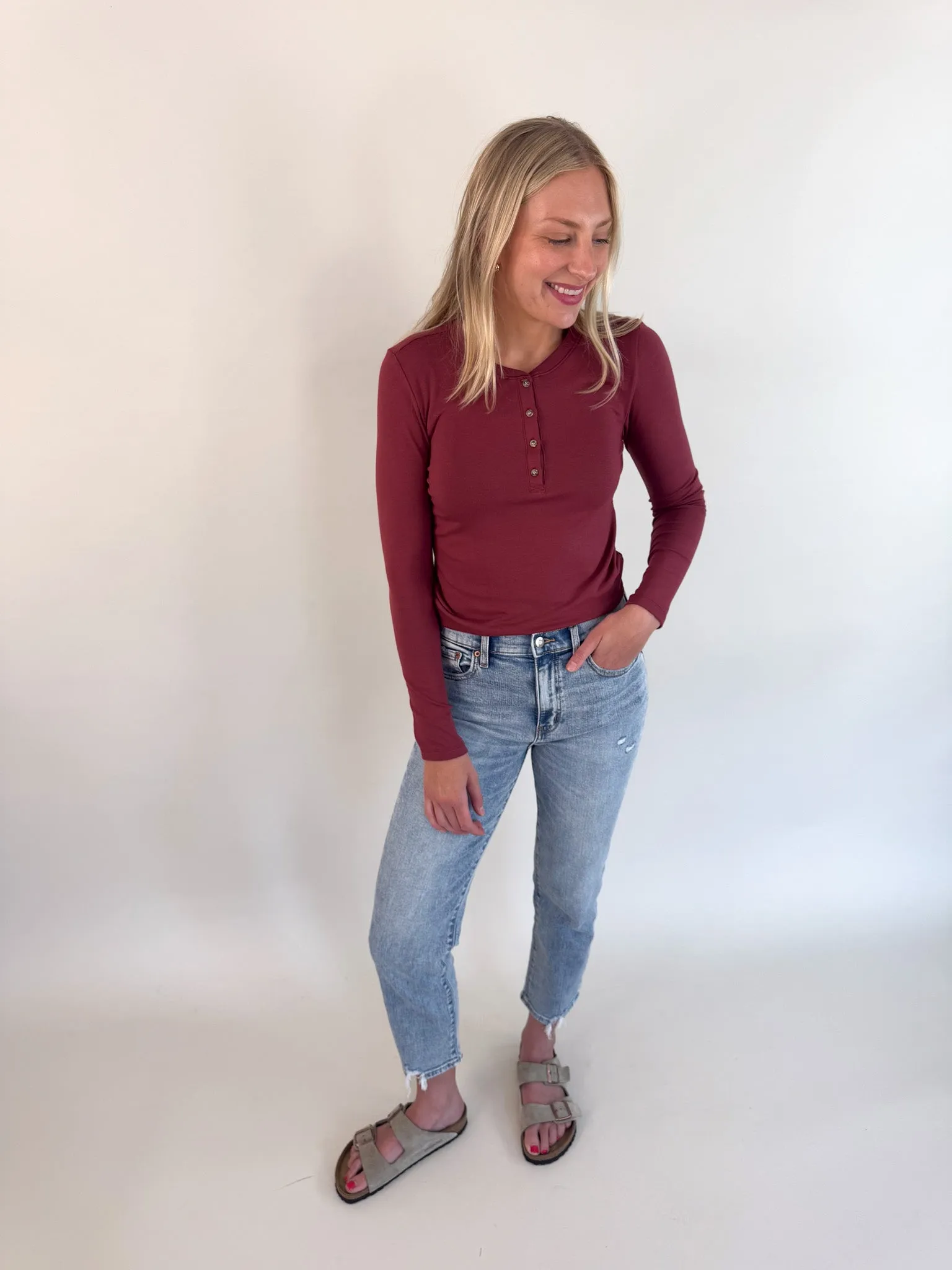 Grace Solid Henley Top- Burgundy