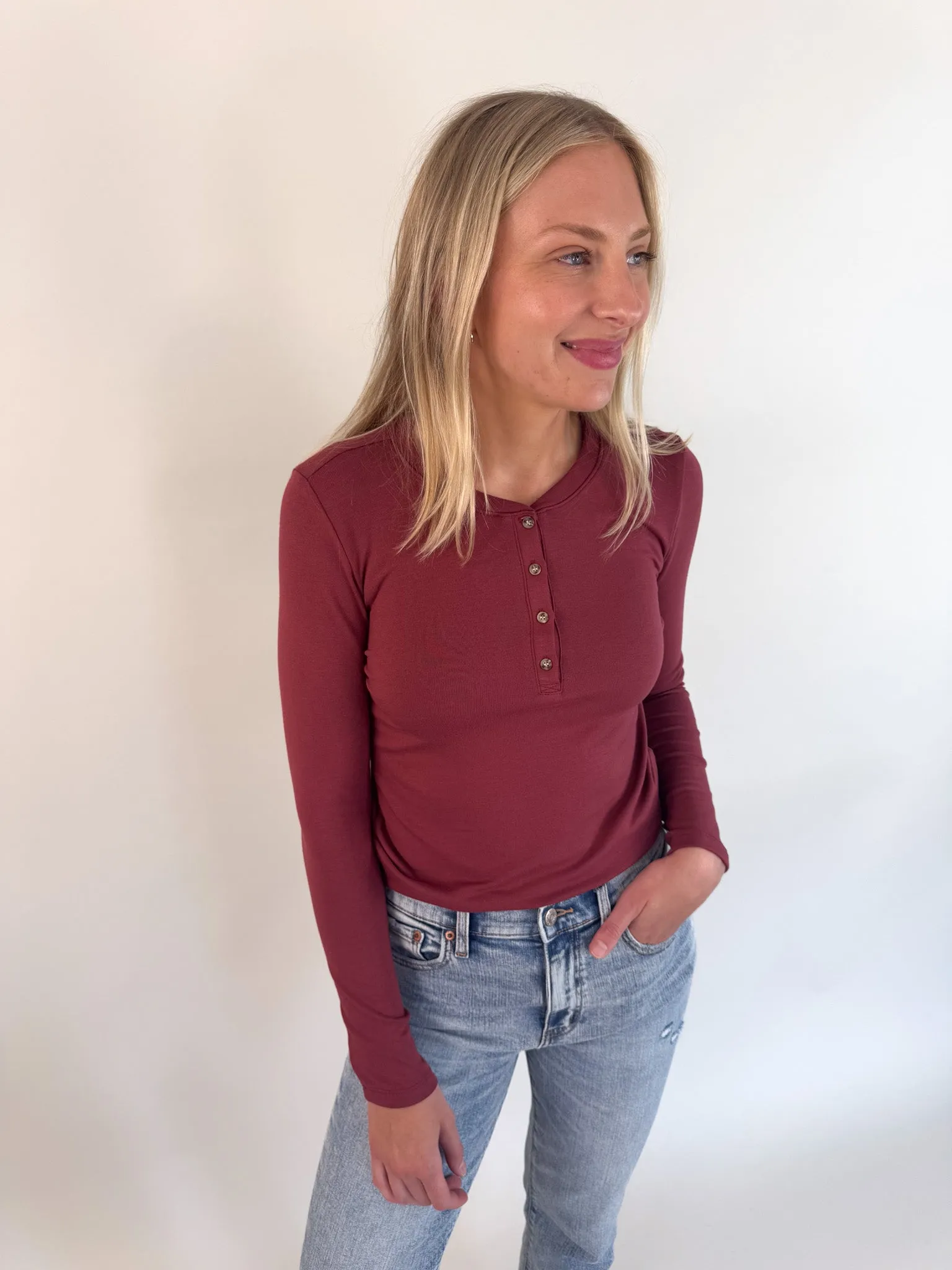 Grace Solid Henley Top- Burgundy
