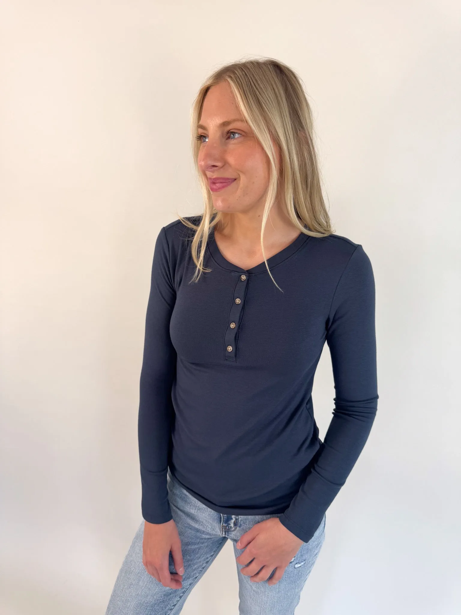 Grace Solid Henley Top- Teal