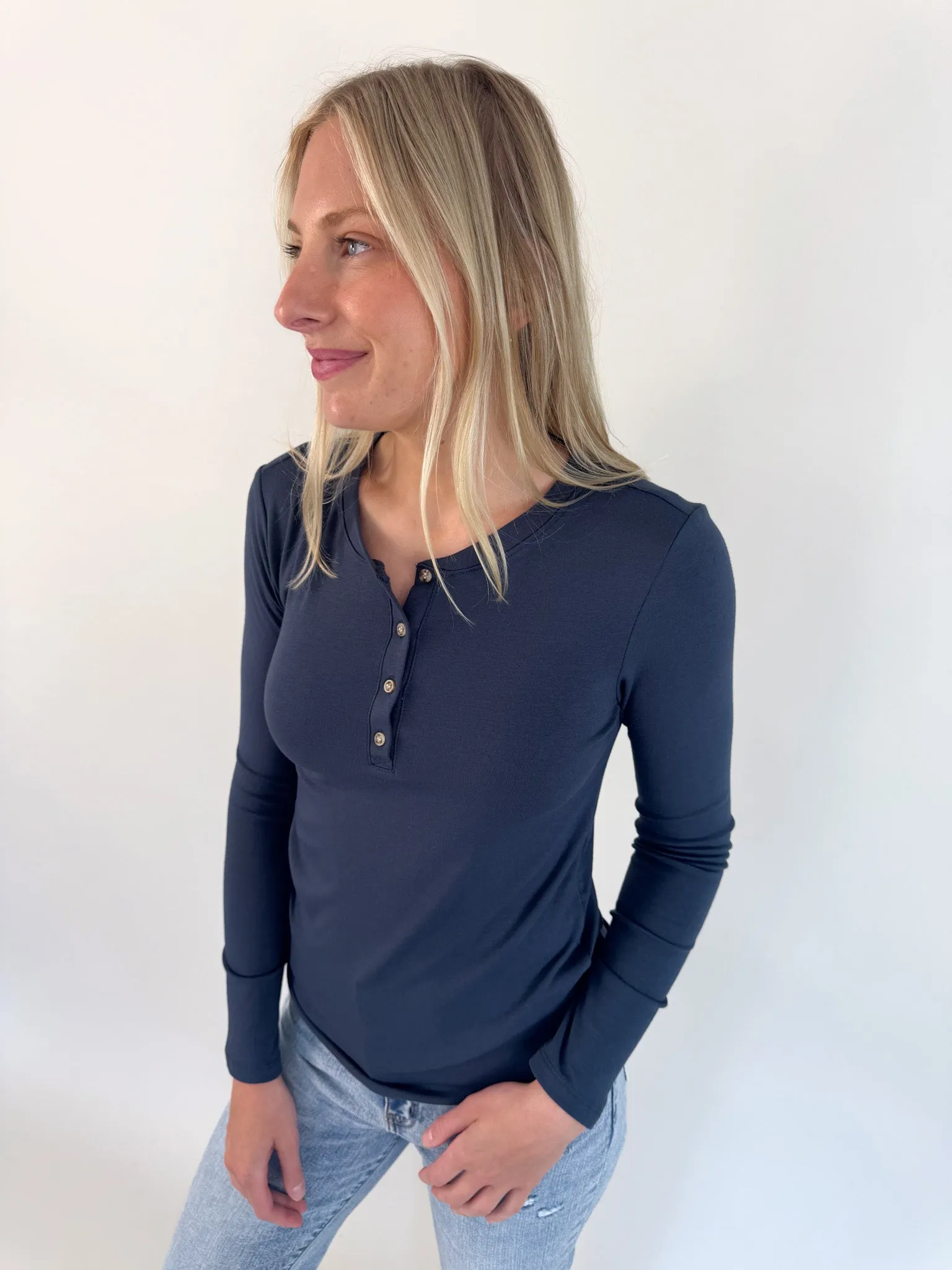 Grace Solid Henley Top- Teal