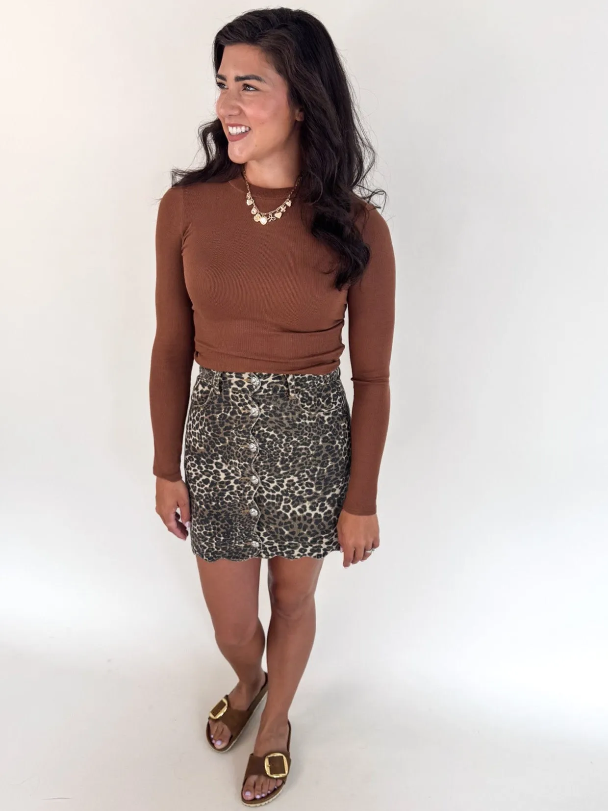 Leopard Scallop Button Front Skirt