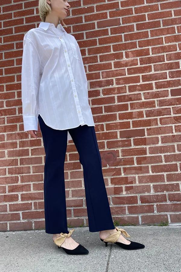 Long Kick Stretch-Cotton Pants in Subtle Jacquard Navy