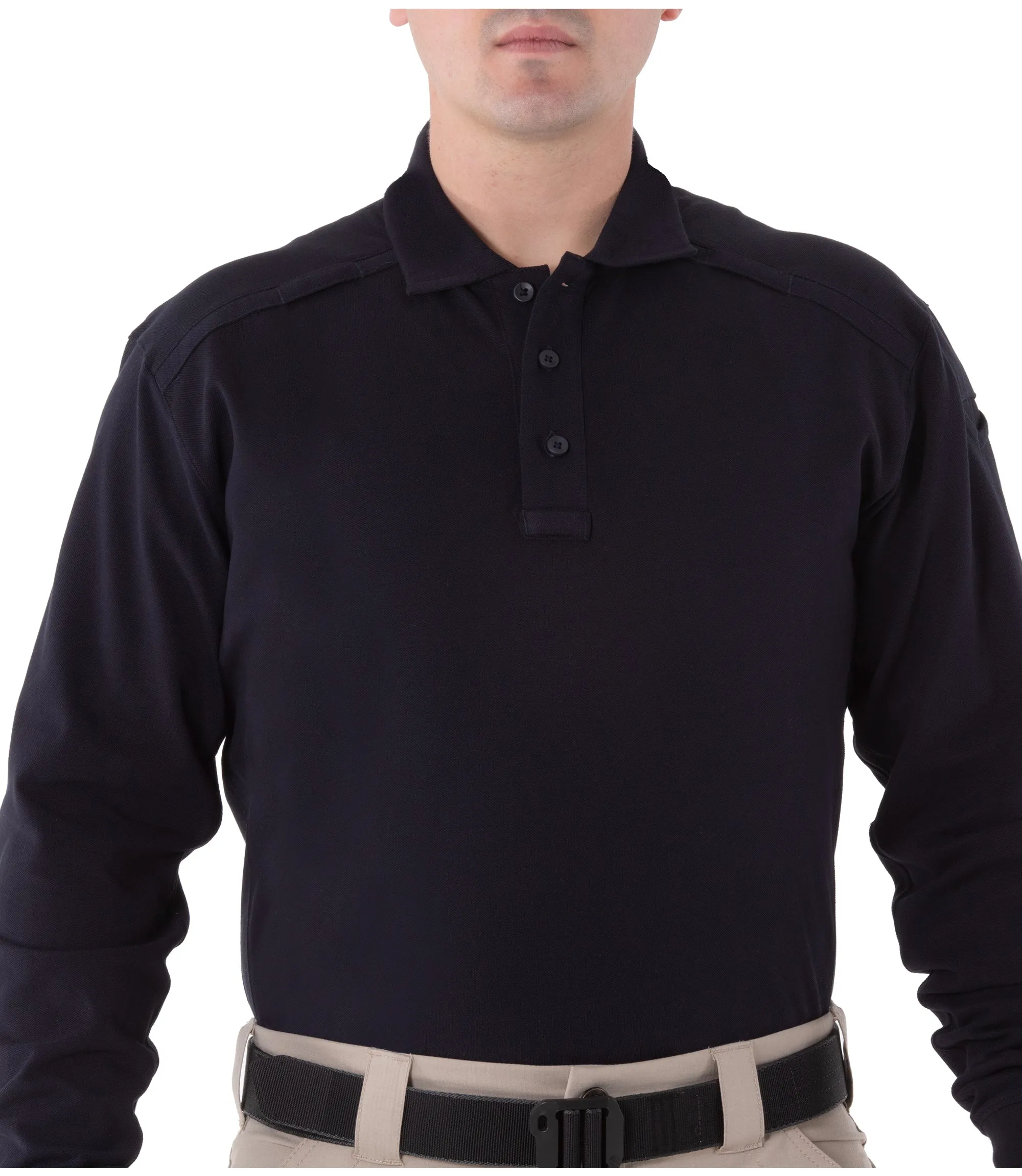 Front of Men's Cotton Long Sleeve Polo in Midnight Navy |color_midnight navy