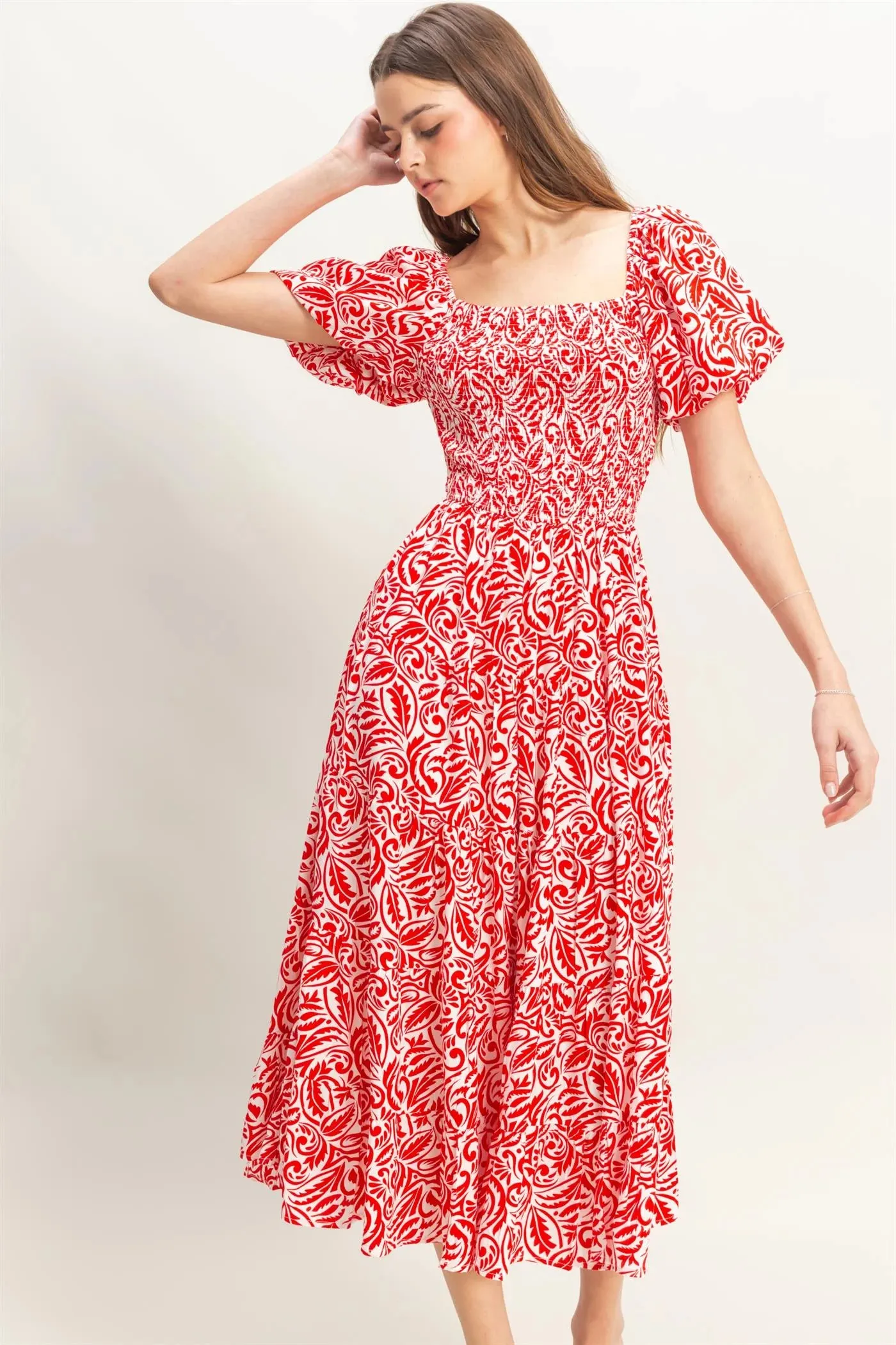Paisley Square Neck Puff Sleeve Dress