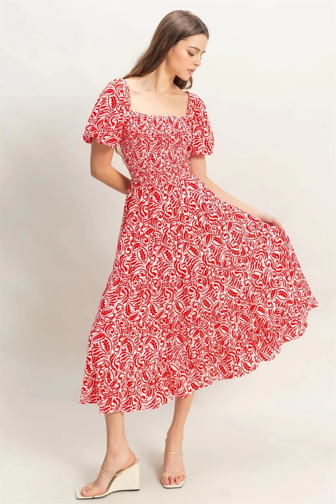 Paisley Square Neck Puff Sleeve Dress