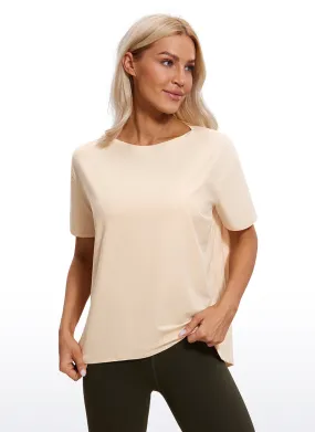 CRZ YOGA Women's Yoga Loose Fit Pima Cotton Short Sleeves Boat Neck White Opal