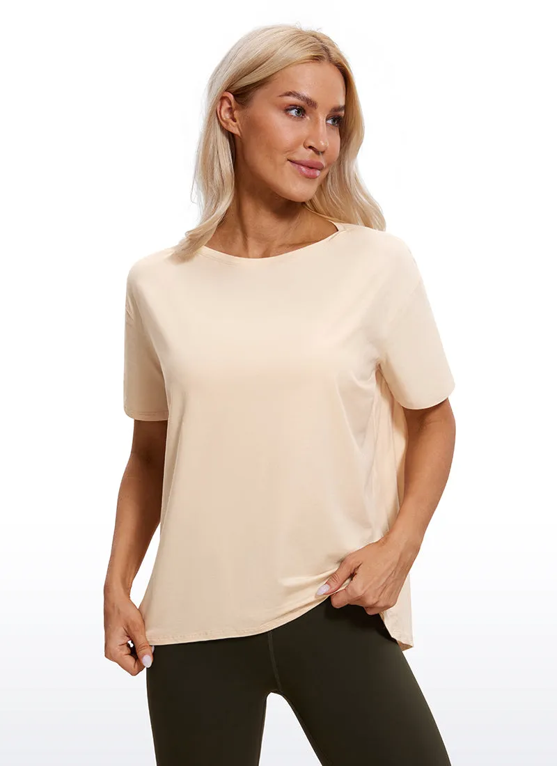 CRZ YOGA Women's Yoga Loose Fit Pima Cotton Short Sleeves Boat Neck White Opal