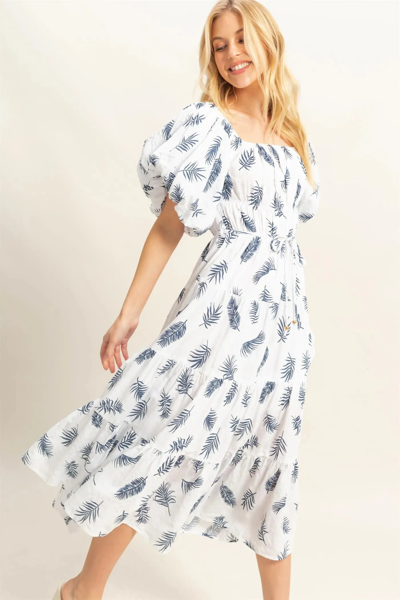 Puff Sleeve Tiered Midi Dress