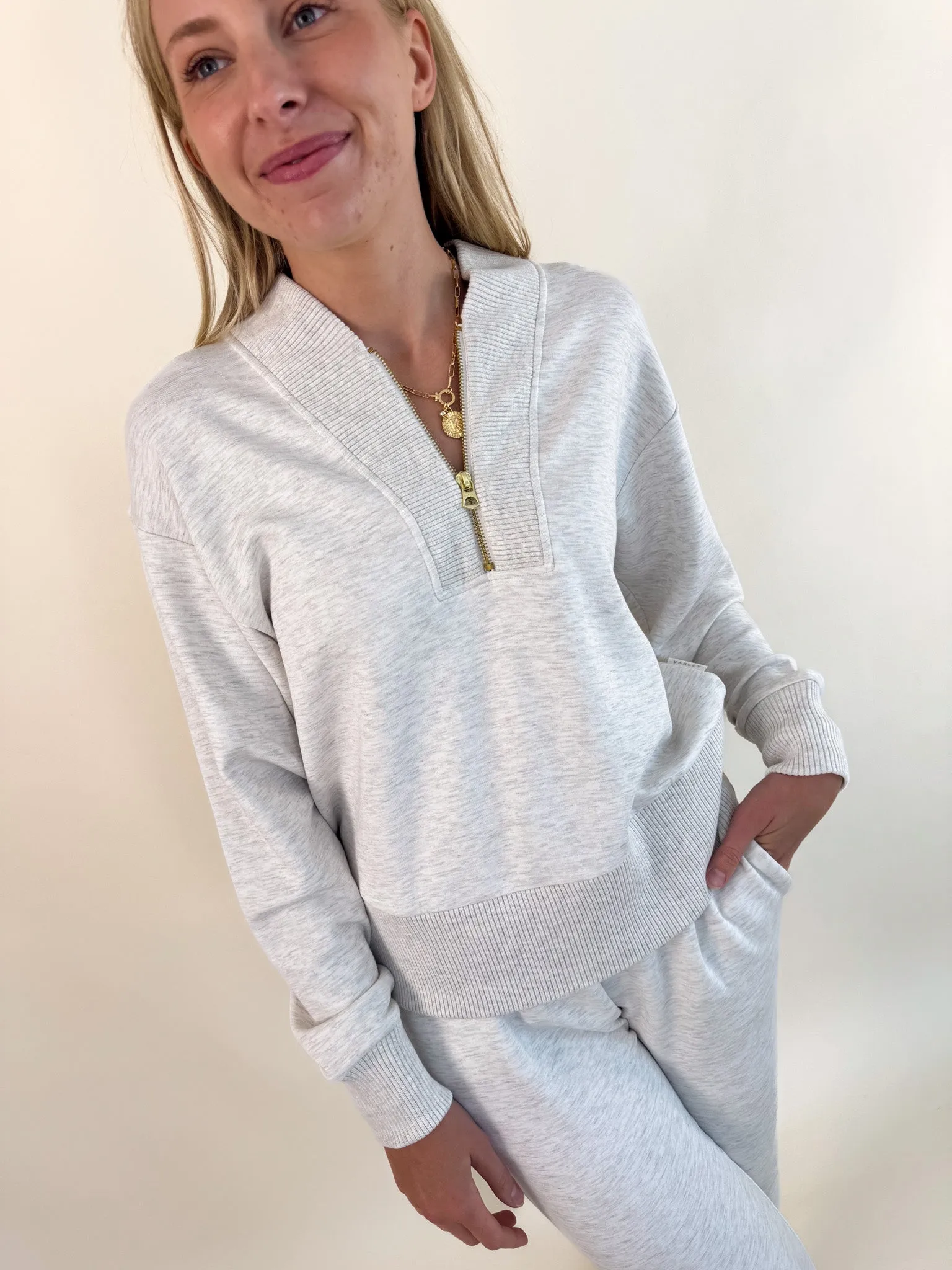 Sally Half Zip Sweater- Ivory Marl