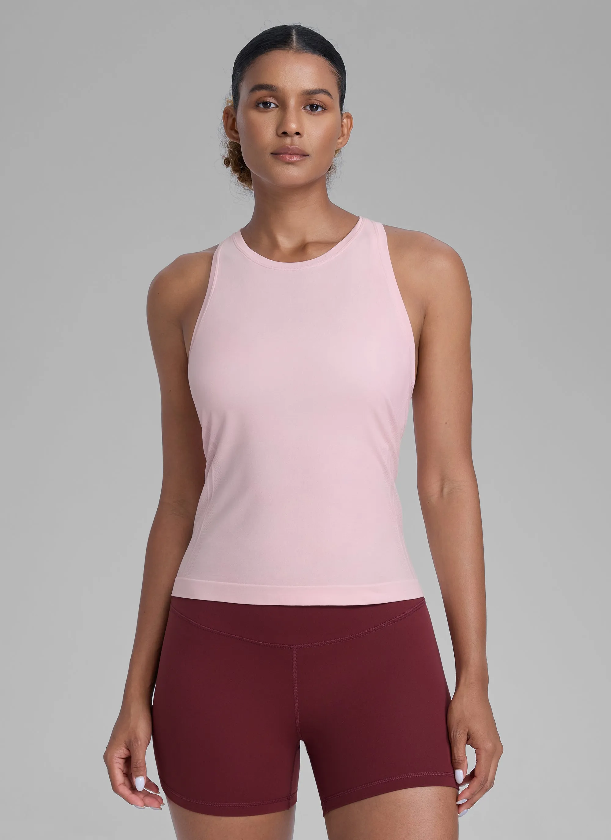 CRZ YOGA Women's Yoga Slim Fit Tops Seamless High Crew Neck Tank Strawberry Pink