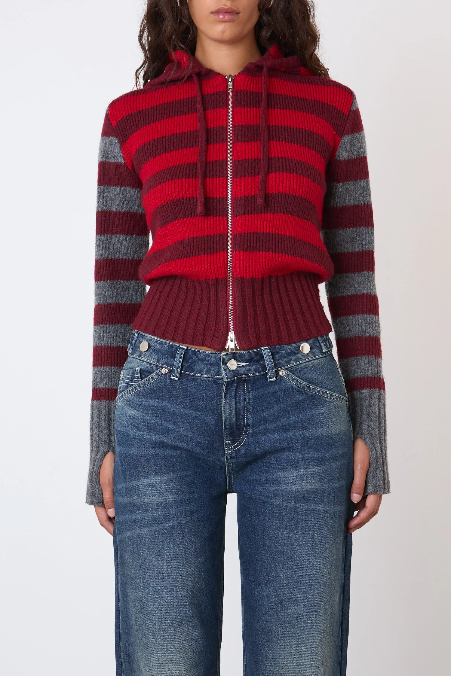 The Anita Knitted Hoodie, Burgundy Stripe