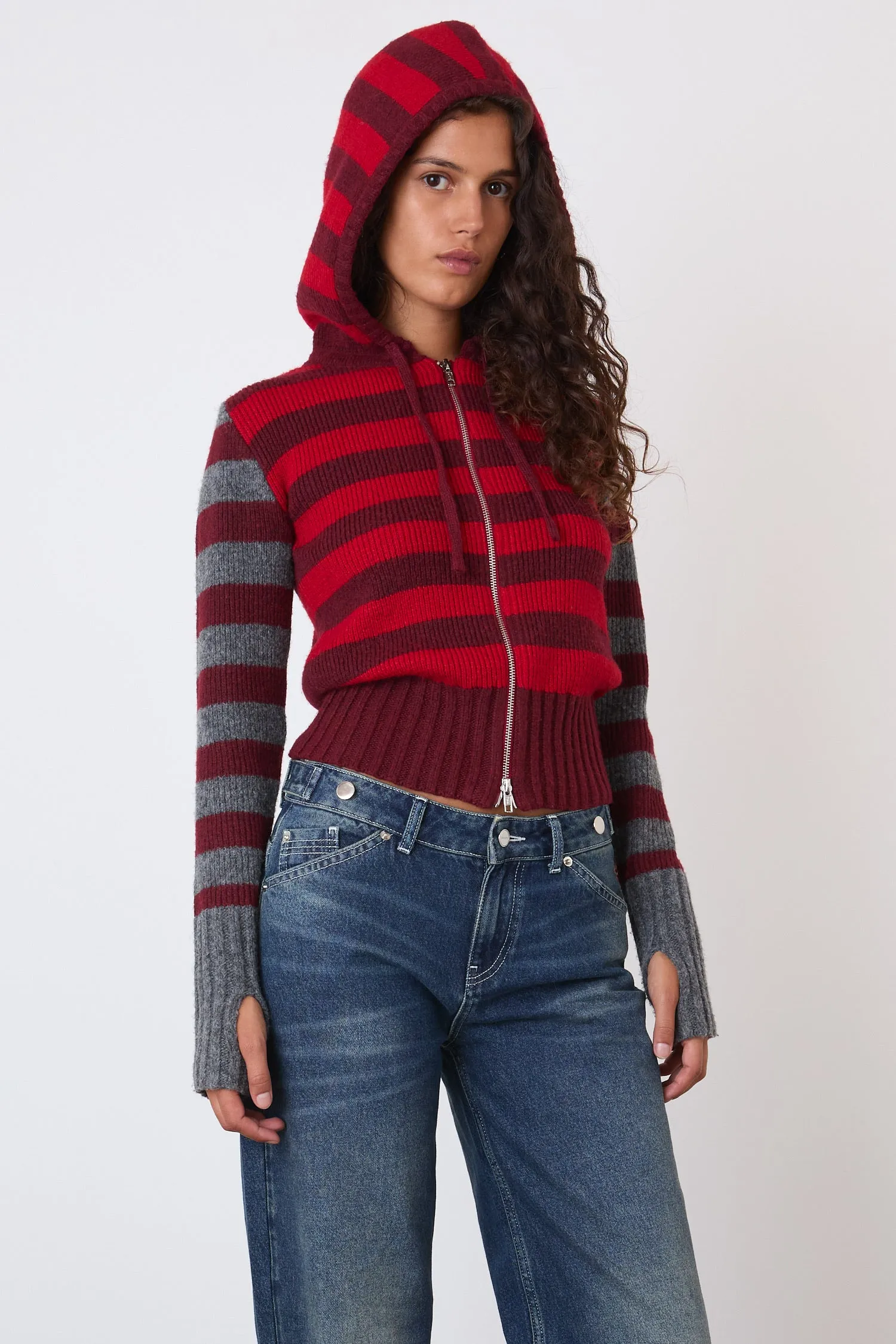 The Anita Knitted Hoodie, Burgundy Stripe