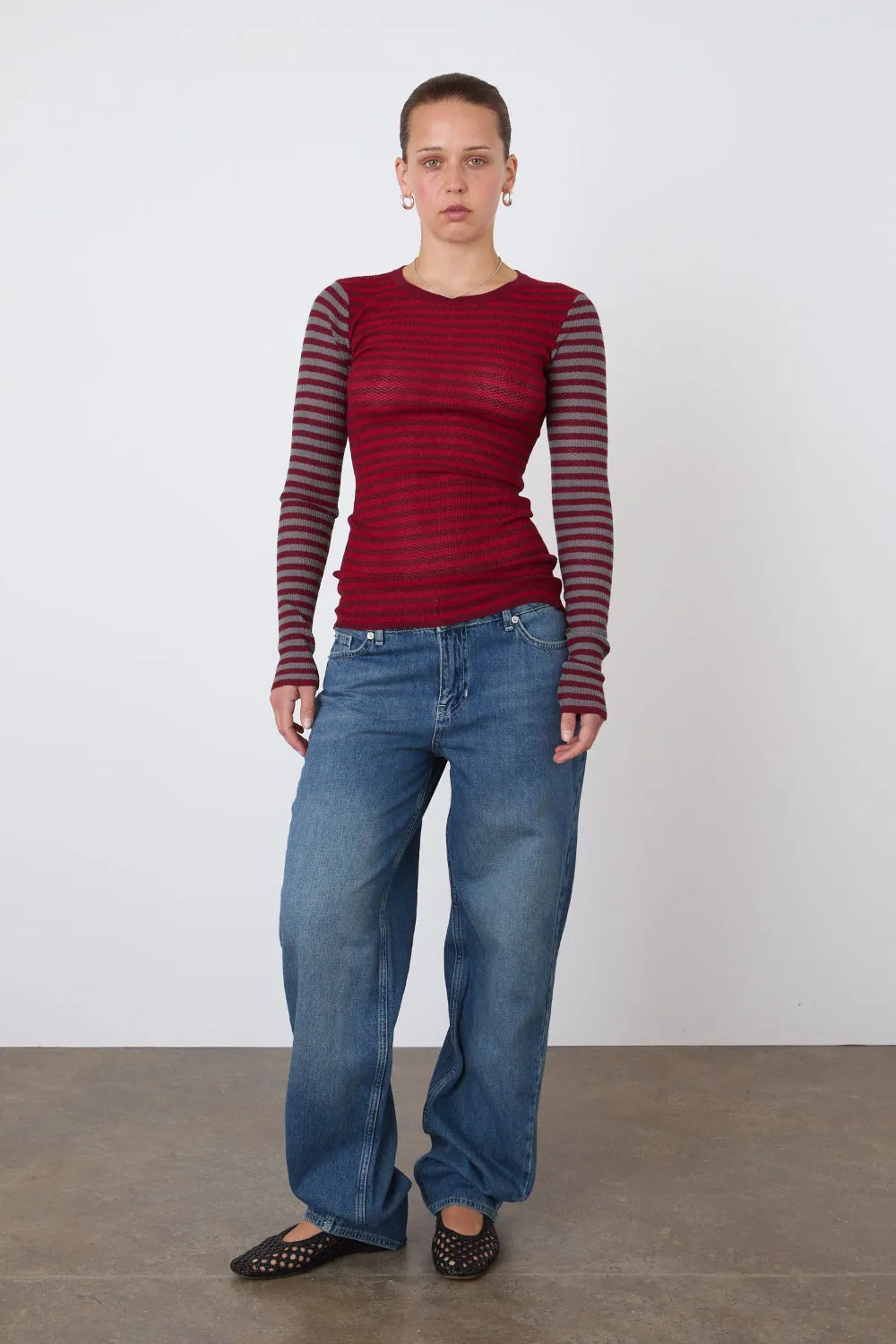 The Elise Stripe Long Sleeve Top, Burgundy Stripe