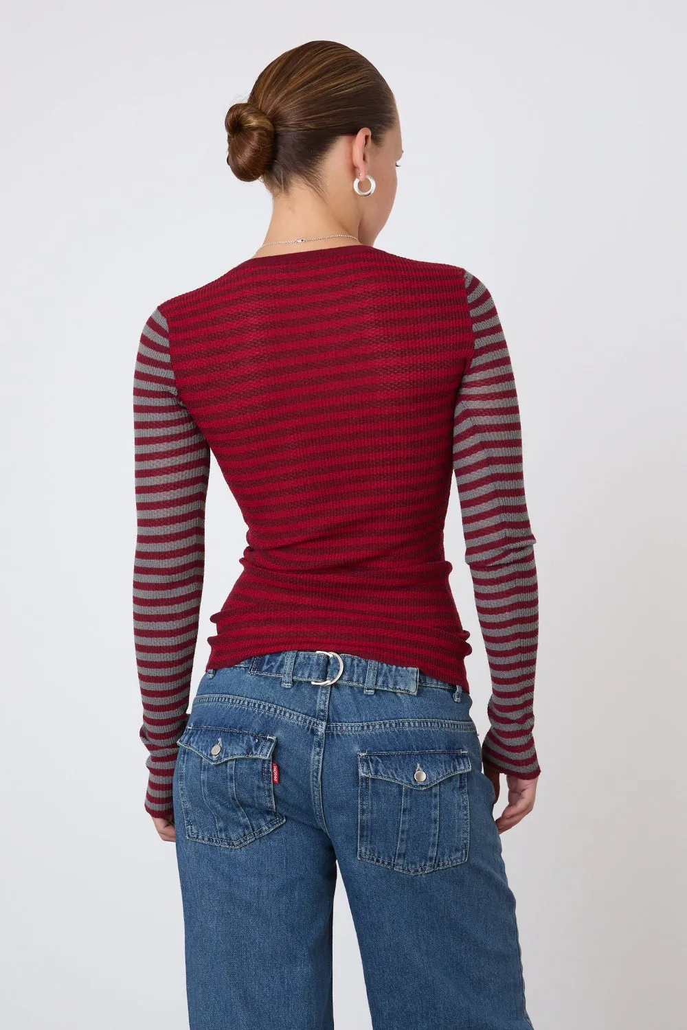 The Elise Stripe Long Sleeve Top, Burgundy Stripe