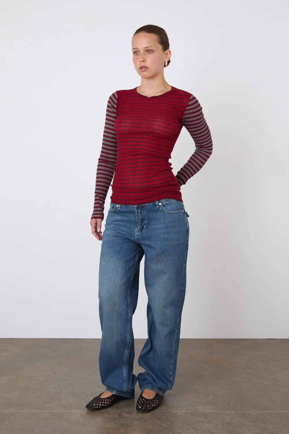 The Elise Stripe Long Sleeve Top, Burgundy Stripe