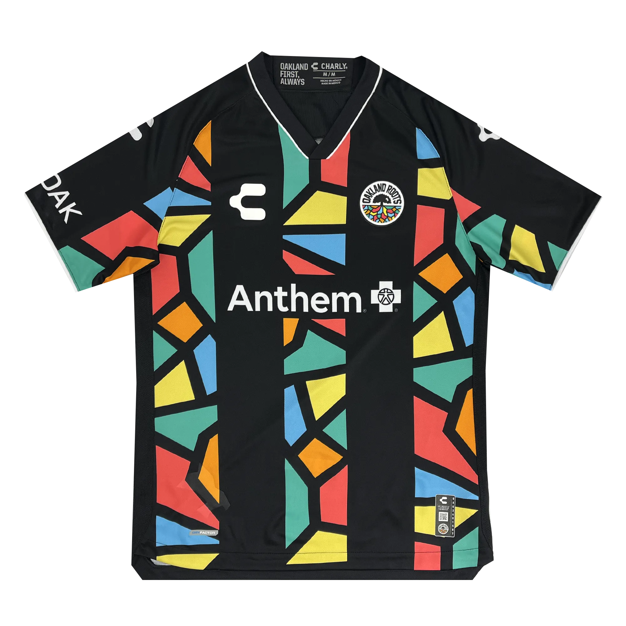 The Unisex Oakland Roots SC 2025 First Kit features a black V-neck soccer jersey with multicolored mosaic patterns on the front and sleeves, white "C" and emblem logos, and "Anthem" across the chest, reflecting Oakland Roots SC's inclu