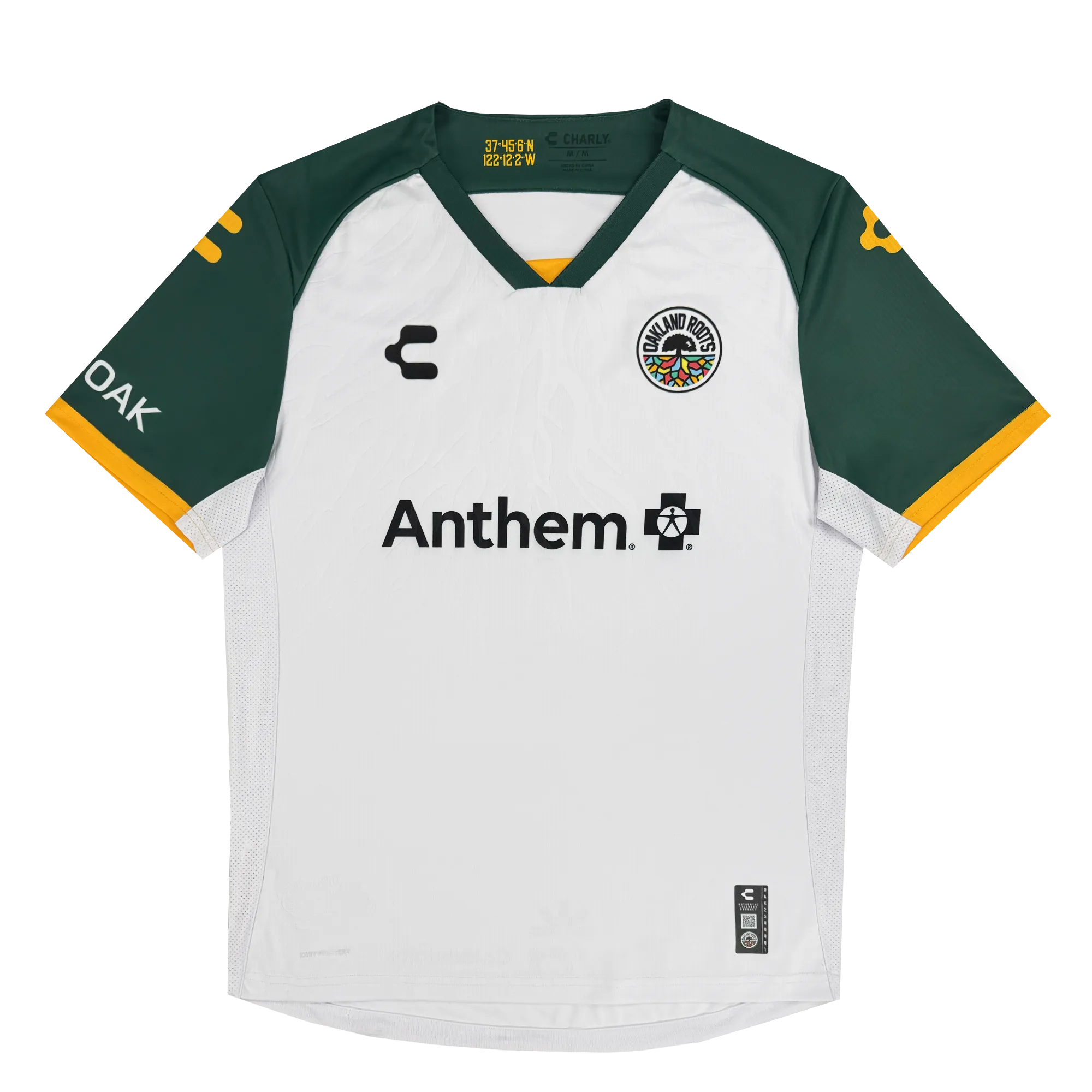 The Unisex Oakland Roots SC 2025 Second Kit features a white and dark green jersey inspired by Oakland sports history. It has dark green short sleeves with yellow trim and logos, a circular emblem, "Charly" logo, "Anthem" with a cross s