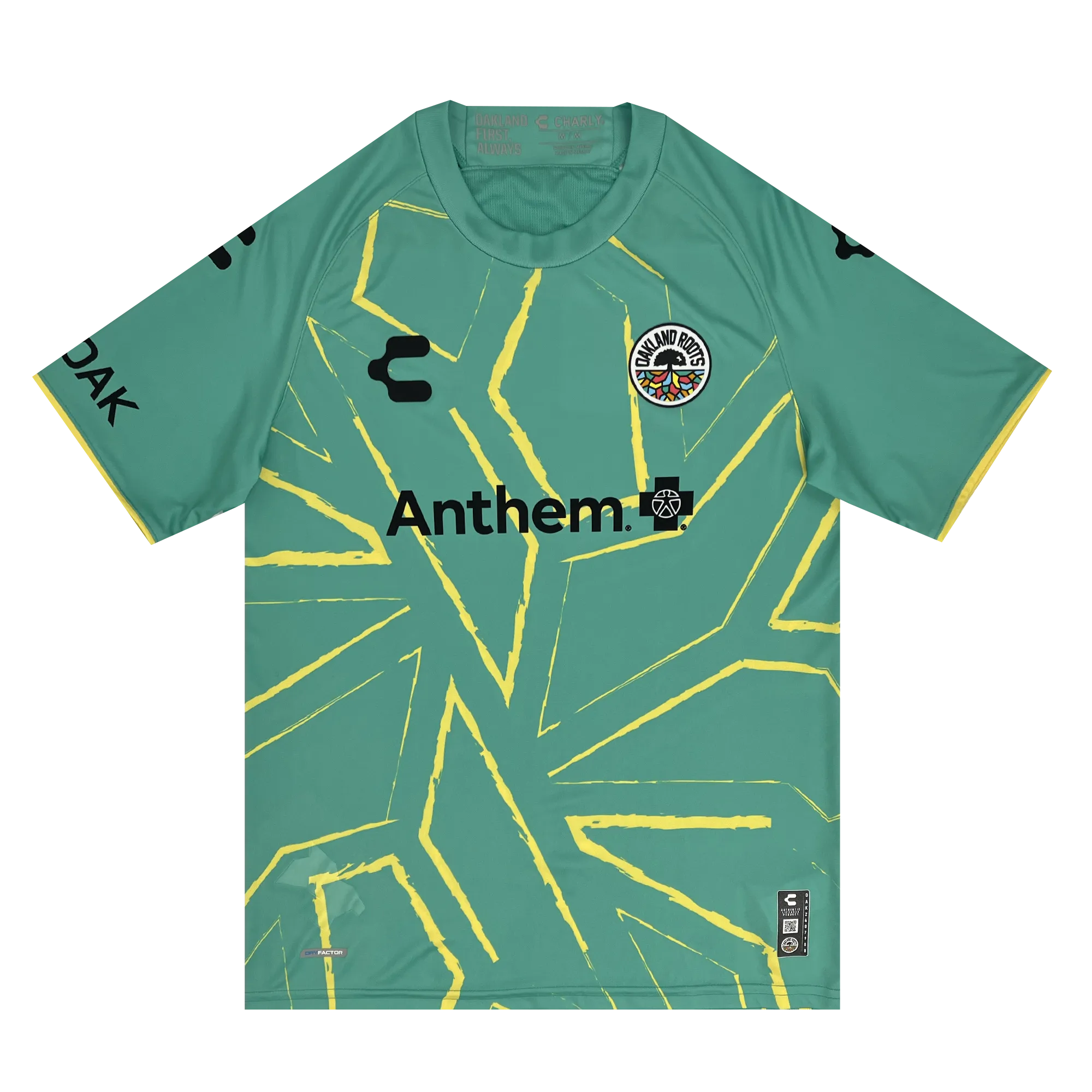 The Unisex Oakland Roots SC Goalkeeper Kit features signature green colors and a bold, abstract yellow mosaic pattern that resembles shattered glass lines. The front prominently displays "Anthem" as the central sponsor logo in black, while the up