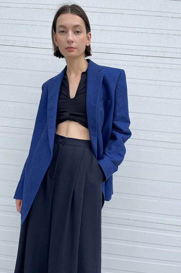 Wide Leg Linen Pants in Navy