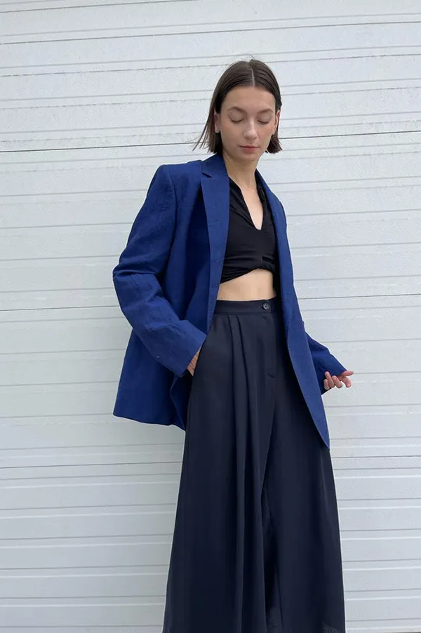 Wide Leg Linen Pants in Navy