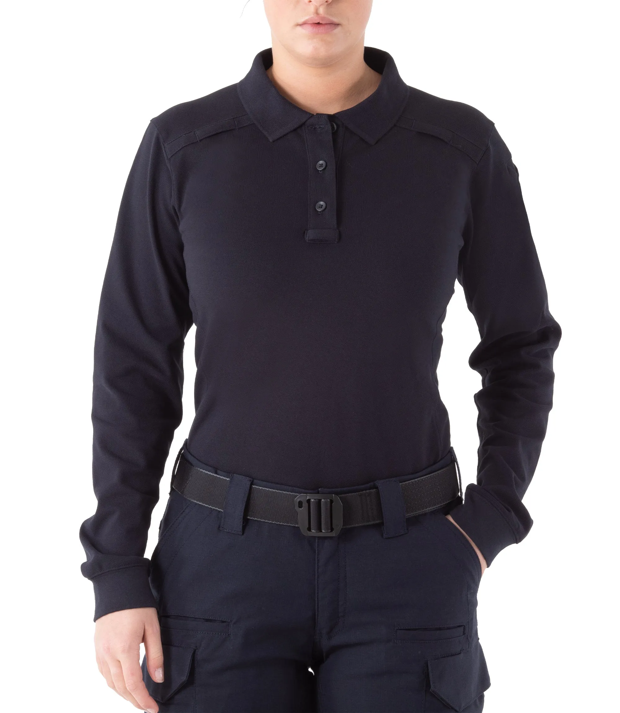 Front of Women's Cotton Long Sleeve Polo in Midnight Navy |color_midnight navy