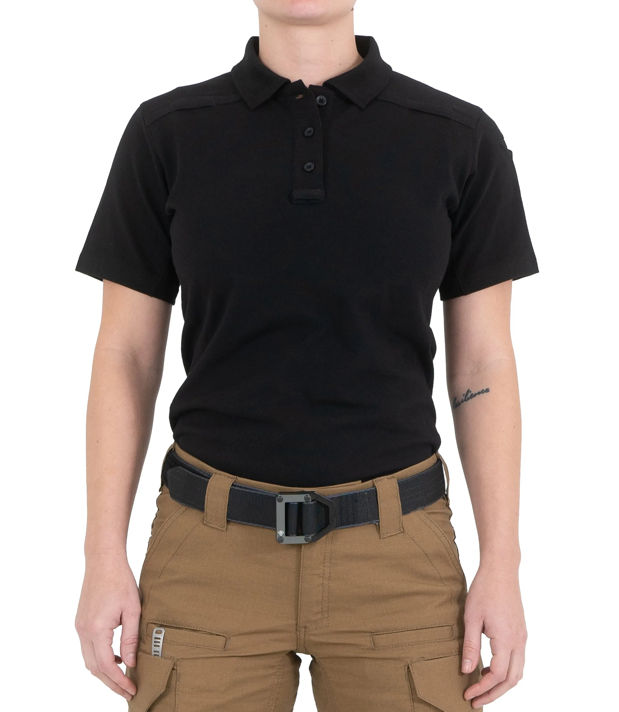 Front of Women's Cotton Short Sleeve Polo in Black |color_black